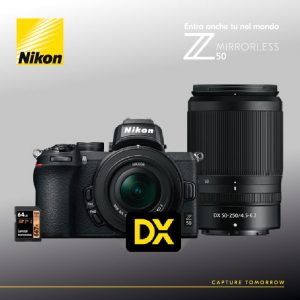 Nikon Z 50 + Nikkor Z DX 16-50 VR + Nikkor Z DX 50-250 VR + SD 64GB Pro 667 X - Garanzia Ufficiale Nital 4 anni