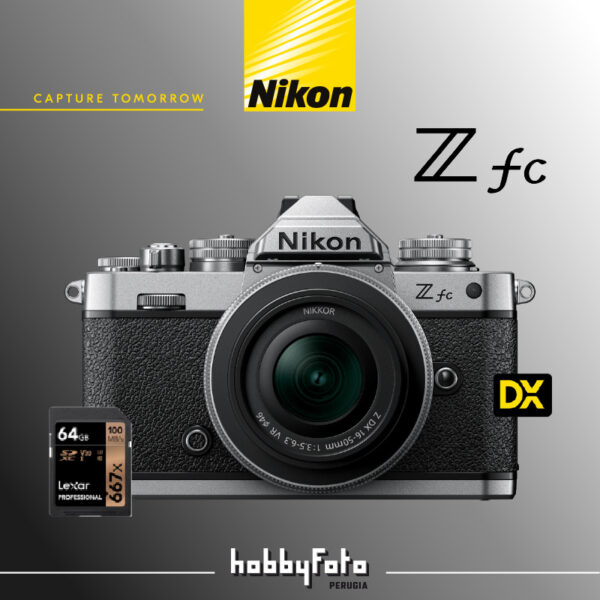 Nikon Z fc silver + Z DX 16-50 VR Silver + SD 64GB 667 Pro Lexar | Garanzia ufficiale Nital 4 anni