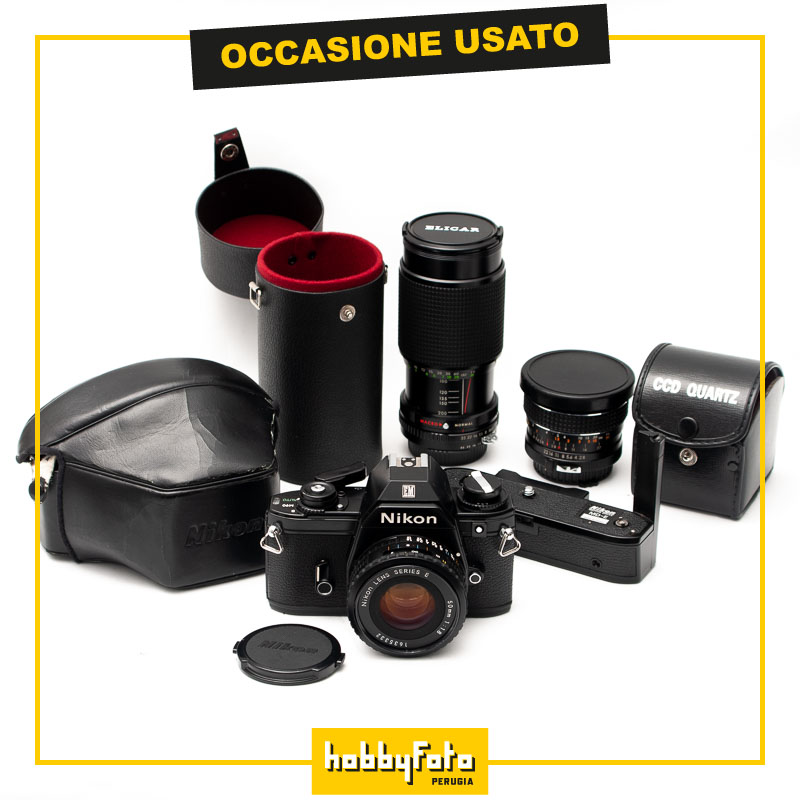 Nikon EM kit Elicar Automatic 28mm f/2.8 + 50mm f/1.8 serie E + Elicar MC 80-200mm f/4.5
