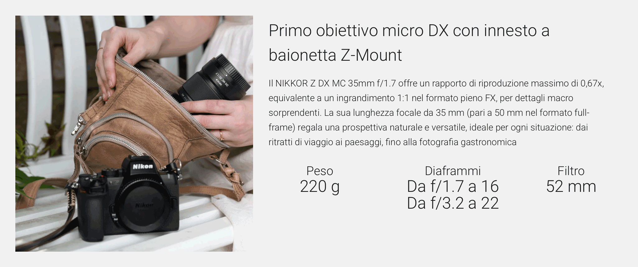 Primo obiettivo micro DX con innesto a baionetta Z-Mount